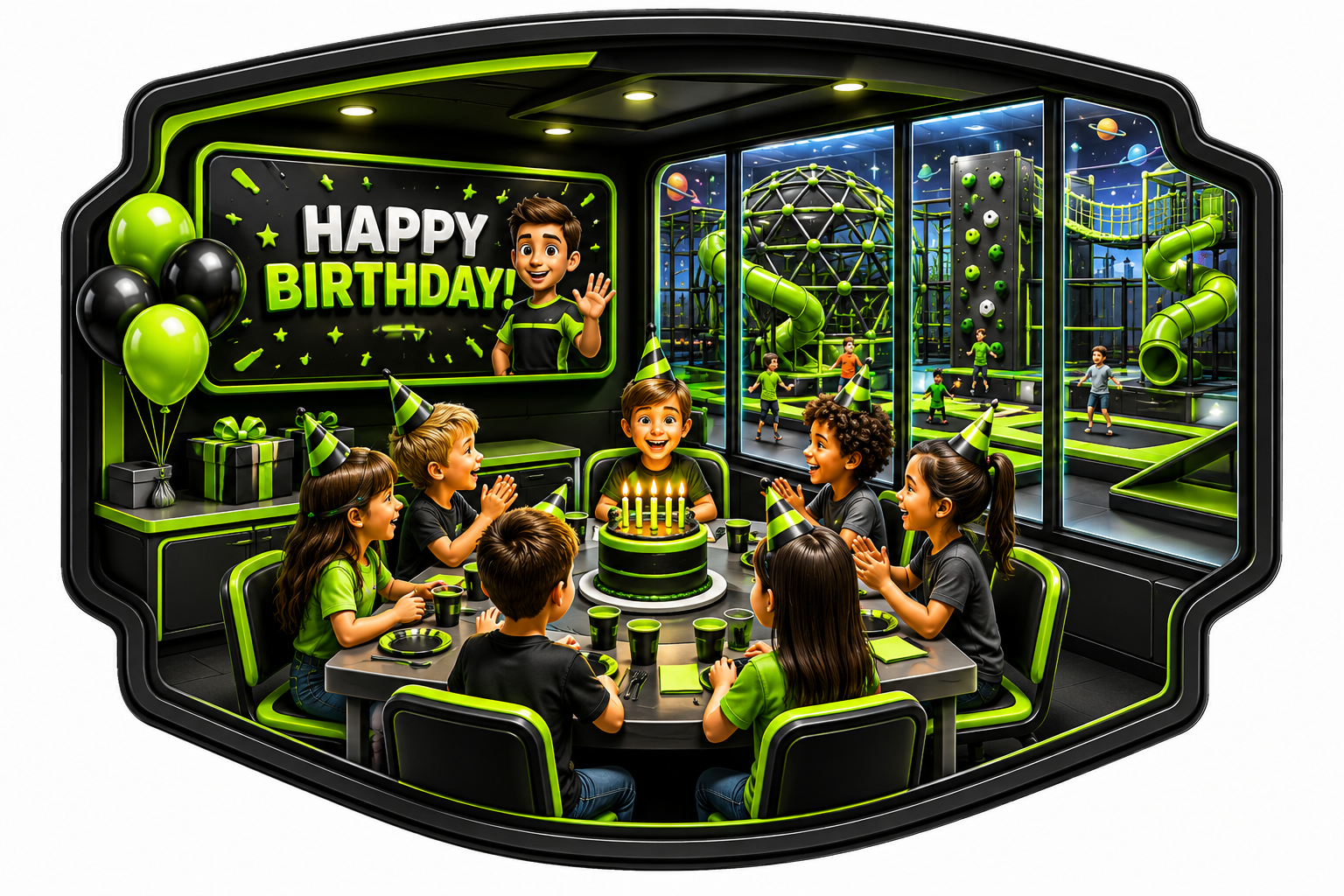 Children celebrating a Future Experience Park birthday party with green and black decorations and active play in the background